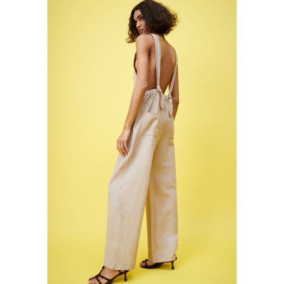 Zara Linen Wide Straight Leg Long Jumpsuit Overalls High Rise Waisted V-Neck XS - Picture 4 of 10